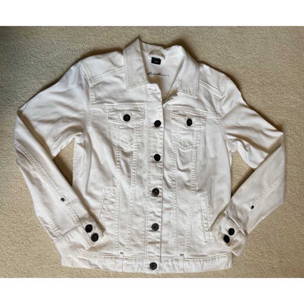 Eddie Bauer White Denim Jacket Womens Medium Stretch Trucker Jean Jacket Metal